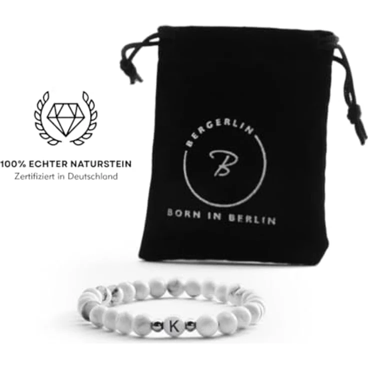 BERGERLIN Buchstaben Armband weiss (Buchstabe K), Handmade aus natürlichem Magnesit, flexible Größe für Handgelenksumfang 16-20 cm, unisex – Bild 2