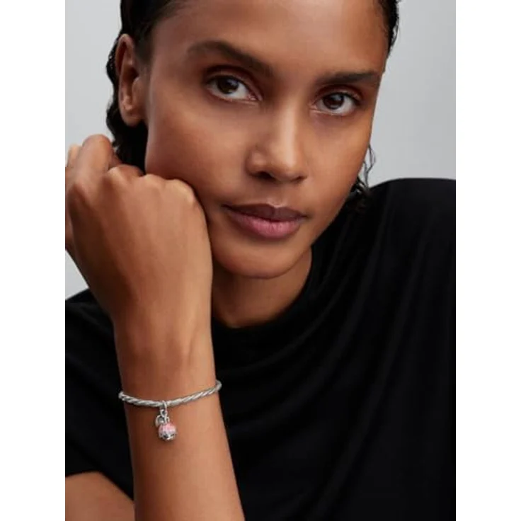 PANDORA Charm Zweifarbige blühende Blume, 14 Karat Vergoldung mit grünem Kristall und rosa Emaille, Gravur Danke, kompatibel mit Moments ME – Bild 5