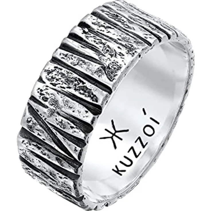 Kuzzoi Herrenring Bandring massiv (9 mm) in 925 Sterling Silber, oxidiert gehämmert, Ringgröße 64