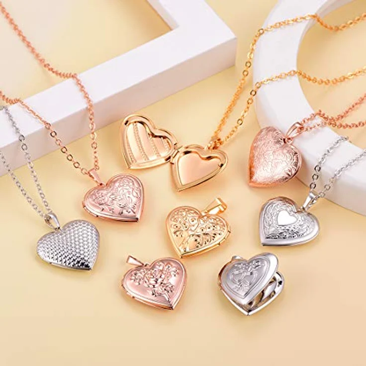U7 Herz Medaillon zum Öffnen, Rosa Blumen Anhänger für Damen und Mädchen, Weißgold Heart Locket Necklace, 50-55 cm einstellbare Kettenlänge, Vintage Foto Amulett – Bild 5