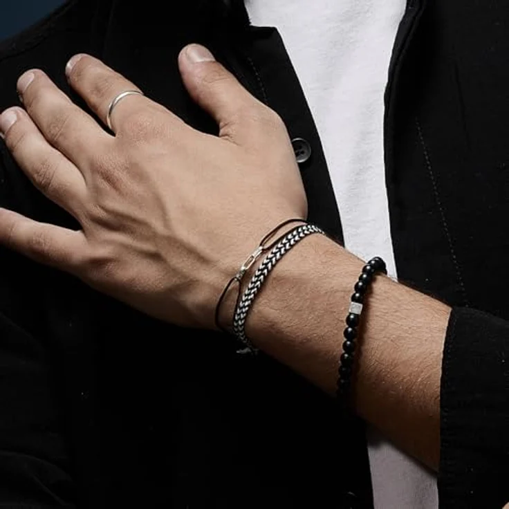 Nato Cuff Geflochtenes Baumwollarmband, Handgefertigt in Frankreich, Edelstahlmedaille 316L, Verstellbar, Schwarz-Weiss V2 – Bild 2
