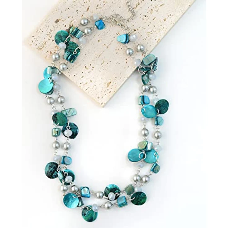 FULU AUTUMN Kristall Perlenkette Boho Muschelkette, bunte mehrreihige Damen-Halskette mit Muschelanhänger, 18 Zoll + 2,7 Zoll verlängerbar, türkis – Bild 5