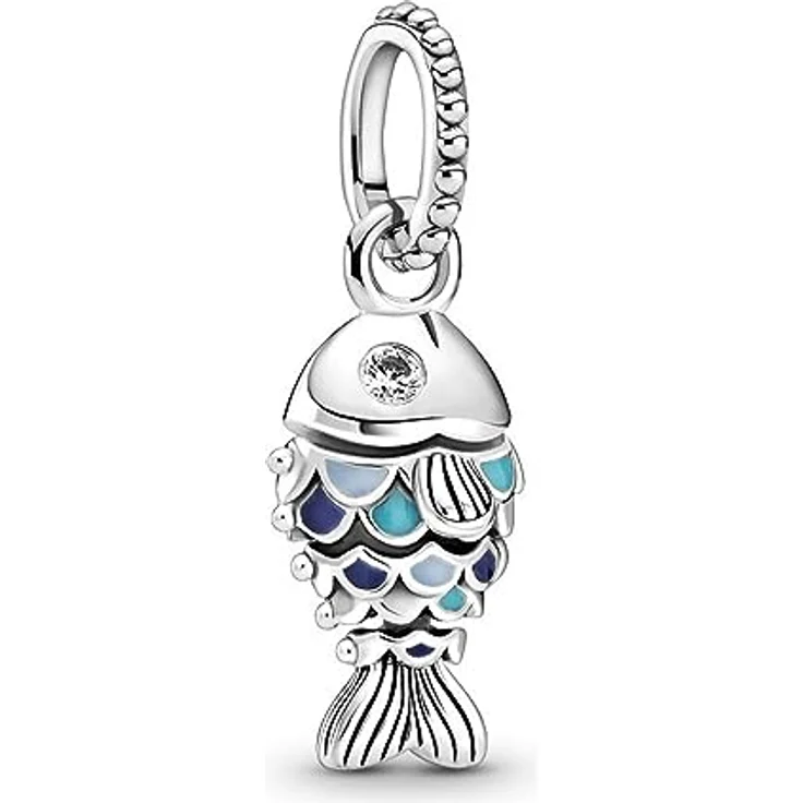 PANDORA Charm Anhänger Moments "Fisch", silber mit blauer Emaille und Zirkonia, bewegliches Design 799428C01