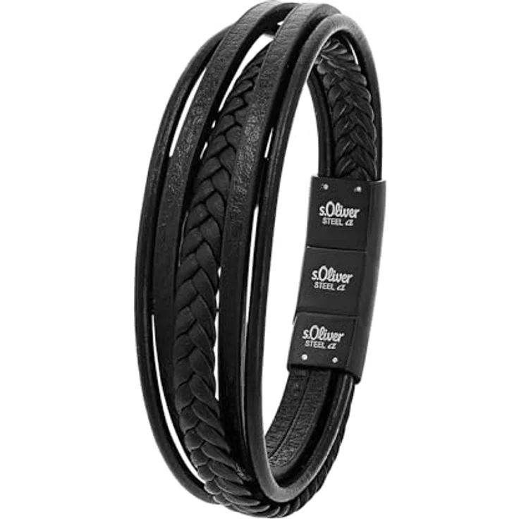 s.Oliver Herren Leder-Armband, Edelstahl IP schwarz, 2 cm breit, verstellbar von 21,5 cm auf 20 cm – Bild 1