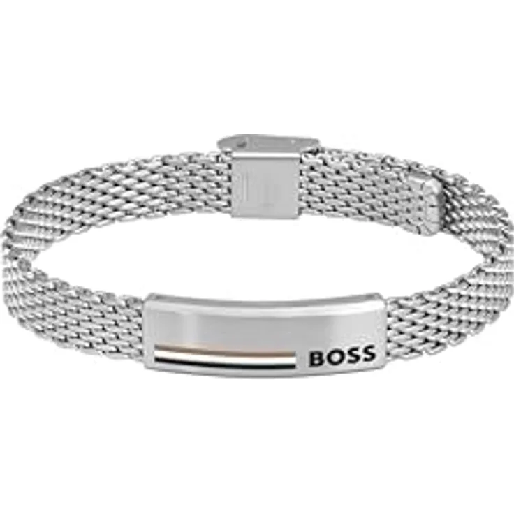 BOSS Jewelry Gliederarmband ALEN aus Edelstahl mit gravierter Metallplatte und verstellbarem Mesh-Verschluss - 1580611