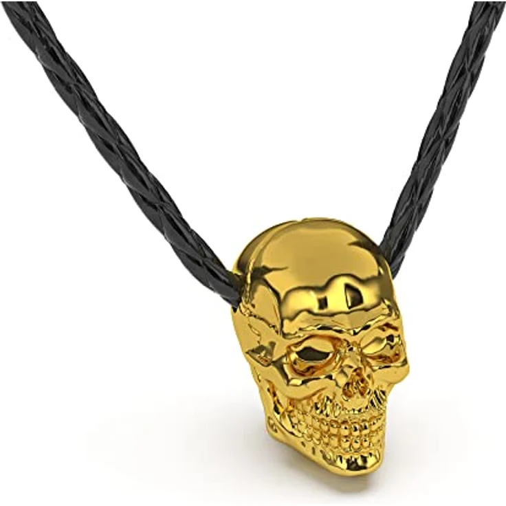 SERASAR Herren Lederhalskette mit Totenkopf Anhänger, 50 cm Gold, echtes Rindsleder und Edelstahl, Geschenkbox für Männer – Bild 1