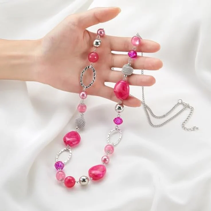 Bulinlin Lange Silber Perlenkette für Damen, Boho Statement Chain Halskette in Hot Pink, 35+3 Zoll, Bleifrei und Nickelfrei, Modisches Geschenk für Frauen – Bild 5
