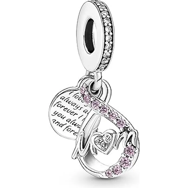 PANDORA Charm Anhänger MOM Unendlichkeit Pink mit Zirkonia, Sterling-Silber, graviert „I love you always and forever“