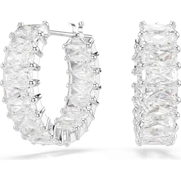 Swarovski Matrix Kreolen, Rhodinierte Ohrringe mit weißen Swarovski Zirkonia im Baguette-Schliff, 2 x 0.5 cm