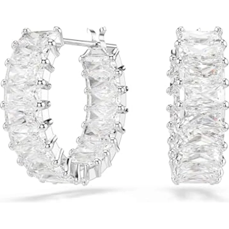 Swarovski Matrix Kreolen, Rhodinierte Ohrringe mit weißen Swarovski Zirkonia im Baguette-Schliff, 2 x 0.5 cm – Bild 1