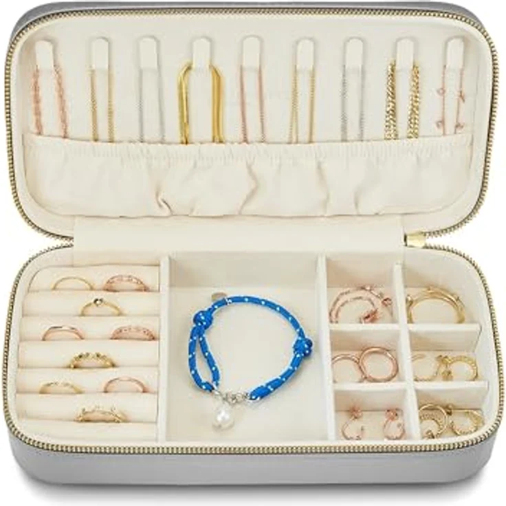 GLANZSTÜCKE MÜNCHEN Schmuck-Reisetäschchen, Kunstleder grau, 23,5 x 11,5 x 5,8 cm, Samt creme, durchdachte Innenaufteilung mit Reißverschluss – Bild 3