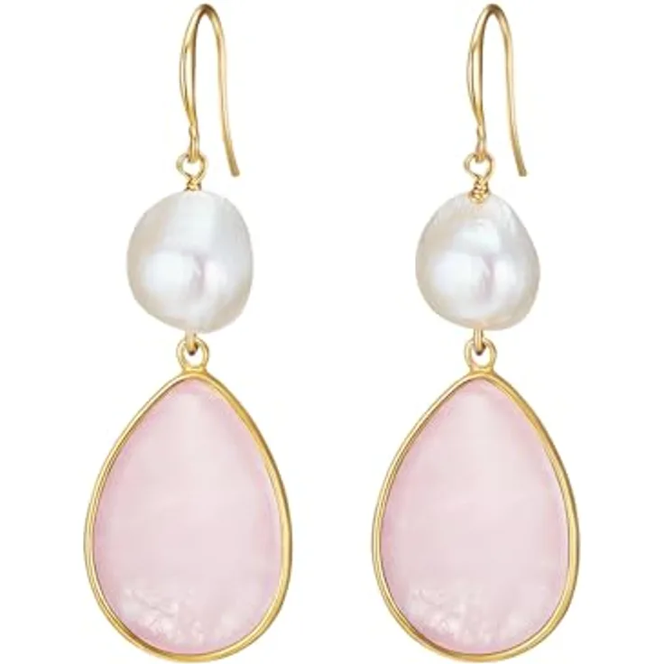 Lulu & Jane Damen Ohrhänger aus Messing in Roségold-Optik mit Süßwasser-Zuchtperle und Naturstein, Höhe 55 mm