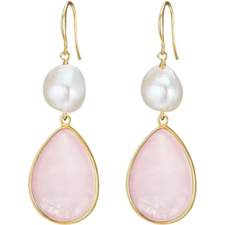 Lulu & Jane Damen Ohrhänger aus Messing in Roségold-Optik mit Süßwasser-Zuchtperle und Naturstein, Höhe 55 mm – Bild 1