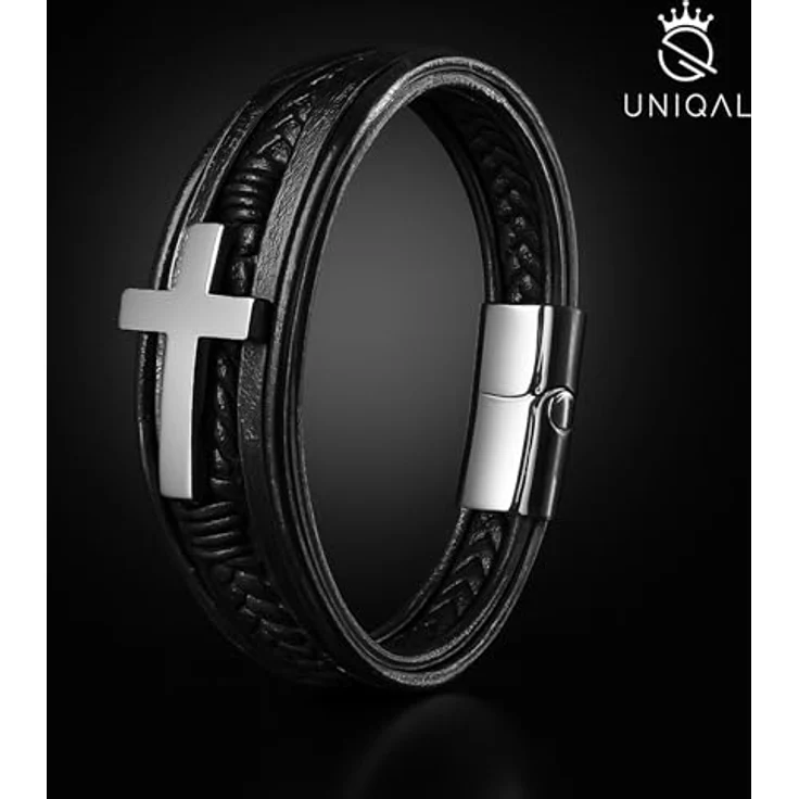 UNIQAL Kreuz Lederarmband Herren „HEAVEN“ | Echtleder Armband mit Kreuz, schwarzes Cross Bracelet, verstellbarer Magnetverschluss, Geschenkbox inklusive, 19 cm + Verlängerung – Bild 2