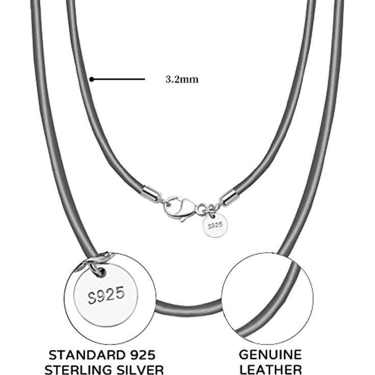 Viwind Echtleder Halskette, geflochtenes Lederband 2.5mm/3mm, 45-60cm mit 925 Sterling Silberverschluss, grau, unisex für DIY Anhänger, in Geschenkbox – Bild 4