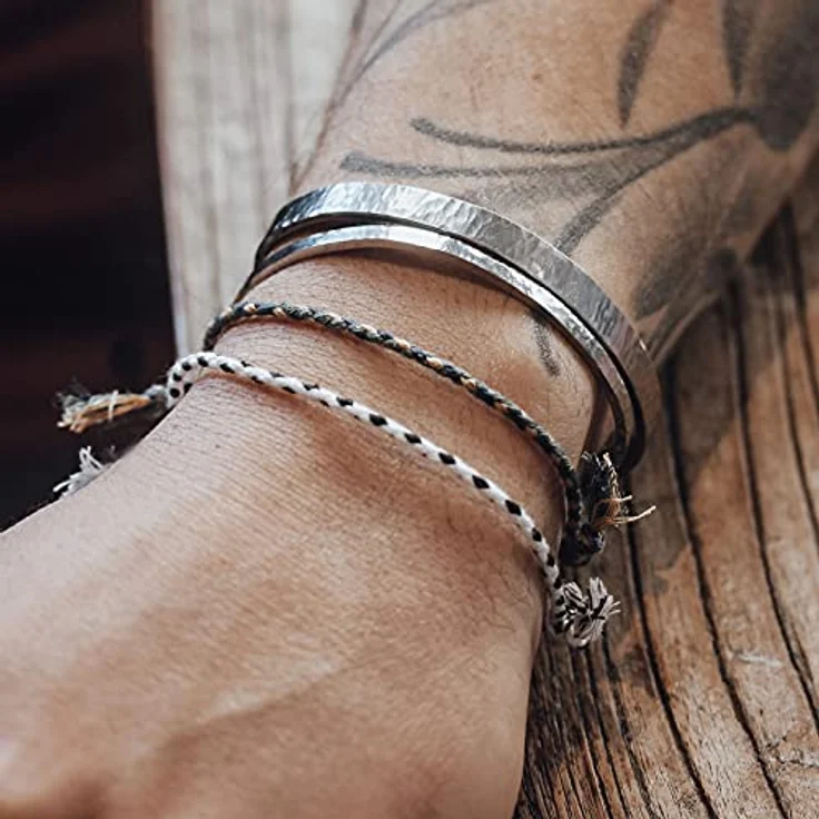 Nato Cuff Geflochtenes Baumwollarmband, Handgefertigt in Frankreich, Edelstahlmedaille 316L, Verstellbar für Herren und Damen, Kaki – Bild 4