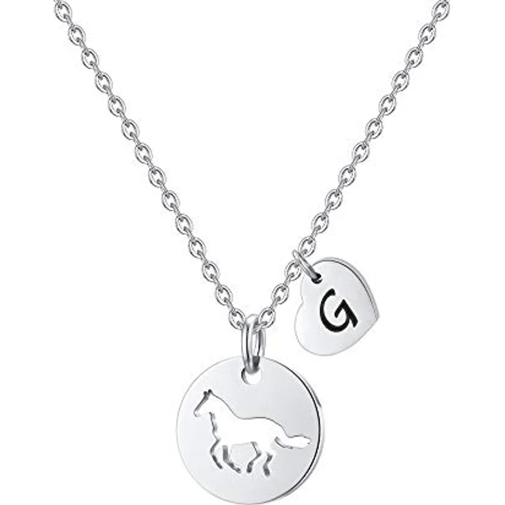 TINGN Pferde Kette Mädchen, Edelstahl mit Herz Buchstaben G, 16 Zoll + 2 Zoll verlängerbar, personalisierbare Halskette für 8-jährige Pferdefans – Bild 1