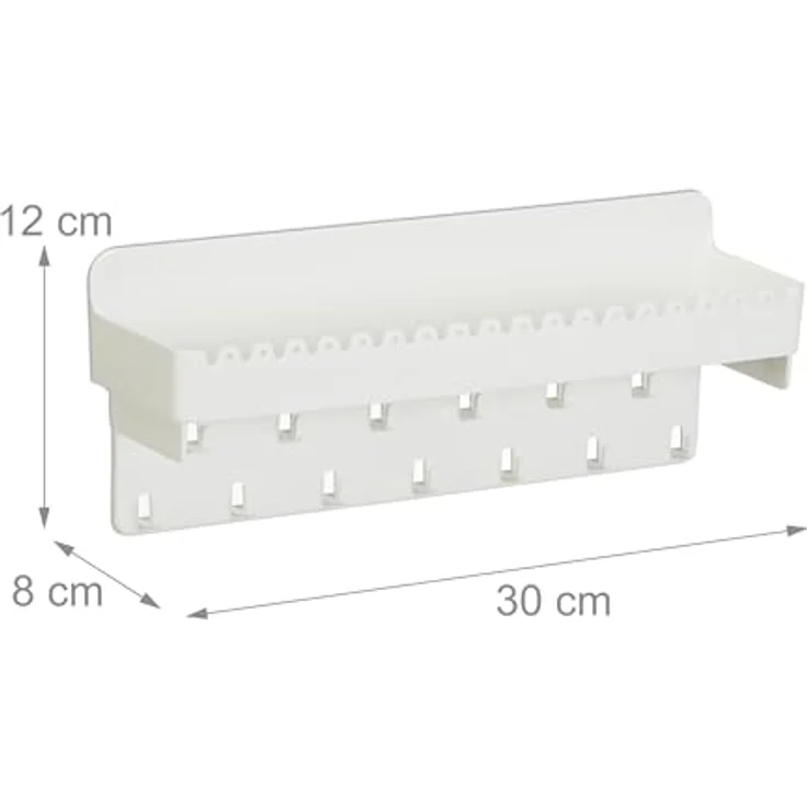 Relaxdays Schmuckhalter Wand, Kettenhalter mit Ablage für Ketten, Ohrringe & Armbänder, weiß, 13 Haken, 18 Steckplätze, HxBxT: 12 x 30 x 8 cm – Bild 4