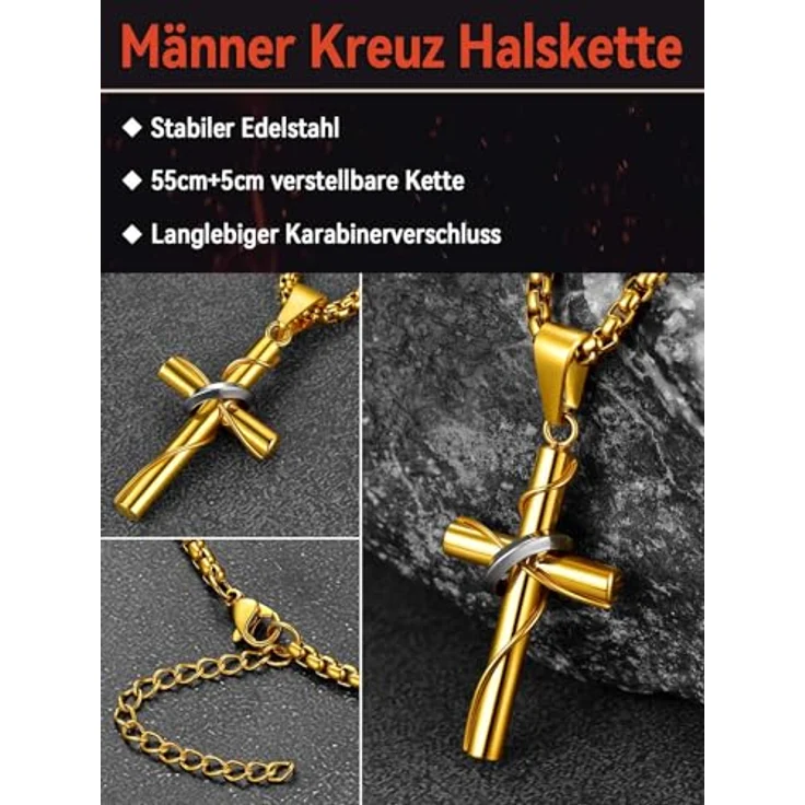 FaithHeart Kreuz Kette Herren, Edelstahl Venezianierkette mit Kreuz Anhänger, 55 cm lang, in Gold, rostfrei und hypoallergen – Bild 2