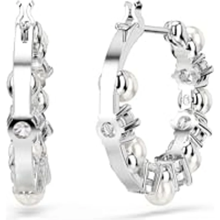 Swarovski Matrix Kreolen, Rhodinierte Damenohrringe mit Weißen Swarovski Kristallen und Kristallperlen, Größe: 1.8 x 0.4 cm – Bild 4