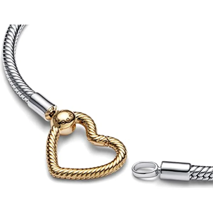 PANDORA Moments Herzverschluss Schlangen-Gliederarmband, Sterling-Silber und 14 Karat vergoldeter Metalllegierung, kompatibel mit Moments Armbändern, Größe: 21cm – Bild 2