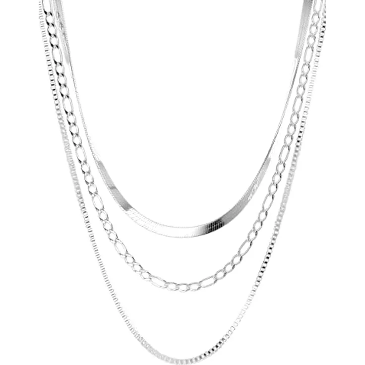 THIORA Halskette Damen, Dreireihige Edelstahl Layering Kette in Silber, verstellbar, wasserfest, nickelfrei