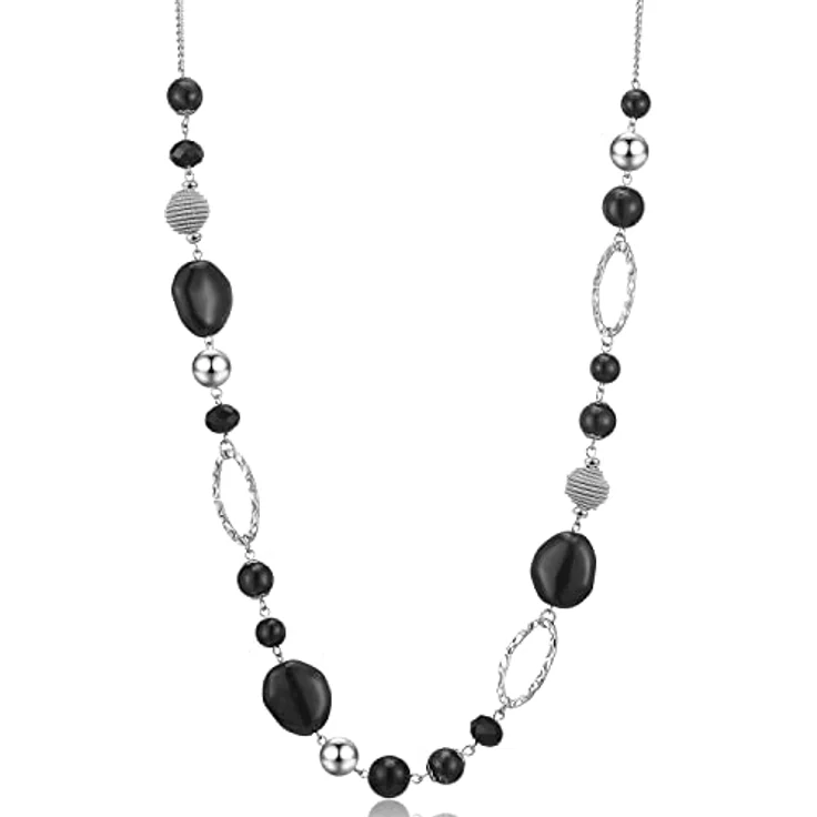 Bulinlin Silber Perlen Lange Kette für Damen, Boho Statement Chain Halskette, 35+3 Zoll, schwarz, Modeschmuck für Geburtstagsgeschenke – Bild 1