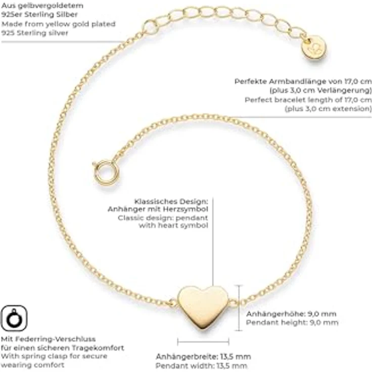GLANZSTÜCKE MÜNCHEN Damen-Armband Herz 925/- Sterling Silber gelbvergoldet, 17 cm + 3 cm Verlängerung, filigranes Design mit Herz-Anhänger – Bild 2