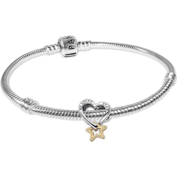 PANDORA Damenarmband Geschenkset Glücksstern und Herz, 925 Silber Schlangenkette mit Charm „My Lucky Star“, 21 cm, elegant und alltagstauglich