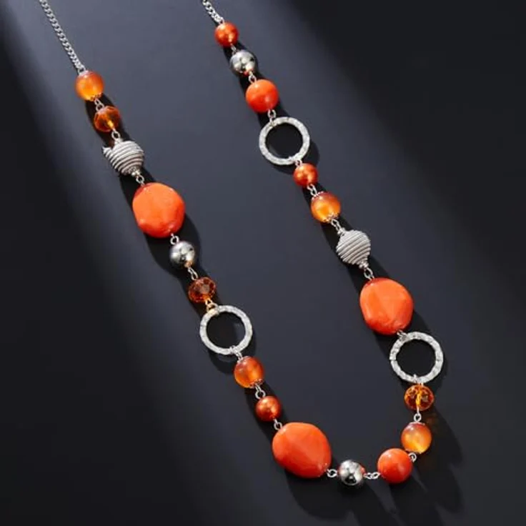 Bulinlin Damen Lange Perlenkette, Statement Boho Silberkette mit Harz- und Glaskristallperlen, orange, 35-Zoll mit Verlängerung – Bild 4
