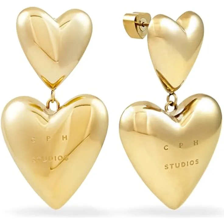 COPENHAGEN STUDIOS Puffy Hearts Ohrringe, gold, voluminöse Damen-Ohrstecker aus poliertem Edelstahl mit 14K Vergoldung, wasserfest & hautfreundlich