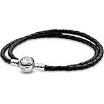 PANDORA Moments Doppeltes Schwarz Lederarmband mit geprägtem Kugelverschluss aus Sterling-Silber, Größe: 38cm, vielseitig kombinierbar
