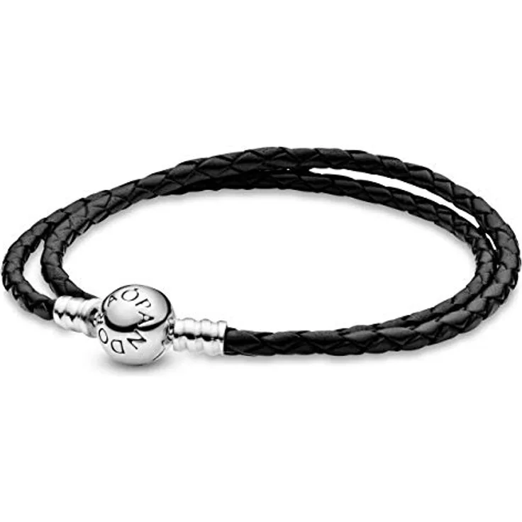 PANDORA Moments Doppeltes Schwarz Lederarmband mit geprägtem Kugelverschluss aus Sterling-Silber, Größe: 38cm, vielseitig kombinierbar