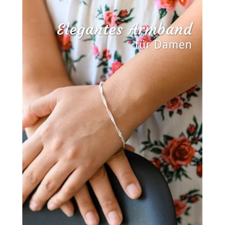 Materia Damen Armband Kette 925 Silber, 3mm Singapur-Design mit Karabinerverschluss, 22cm Länge – Bild 2