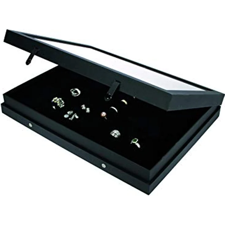 SAFE 5685 Sammel Vitrine Black Edition, Setzkasten mit Echtglas Abdeckung für 48 Ringe oder Schmuck, mattschwarze Leinenstruktur-Oberfläche, 40 x 30 x 5,5 cm – Bild 5