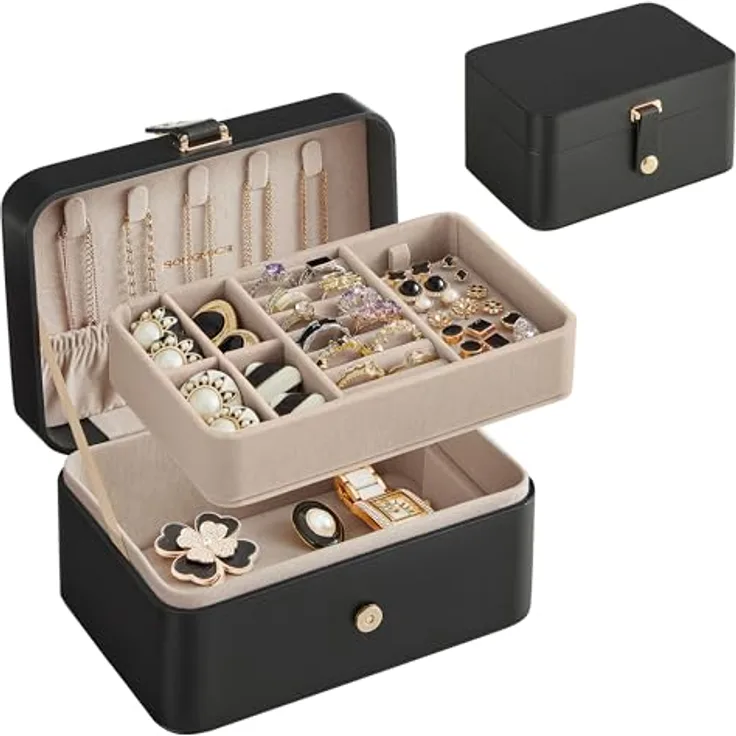 SONGMICS GISELLA Schmuckkästchen, tragbare Schmuckaufbewahrung mit 2 Ebenen, tintenschwarz, 11,6 x 16 x 7,5 cm, ideal für größere Accessoires