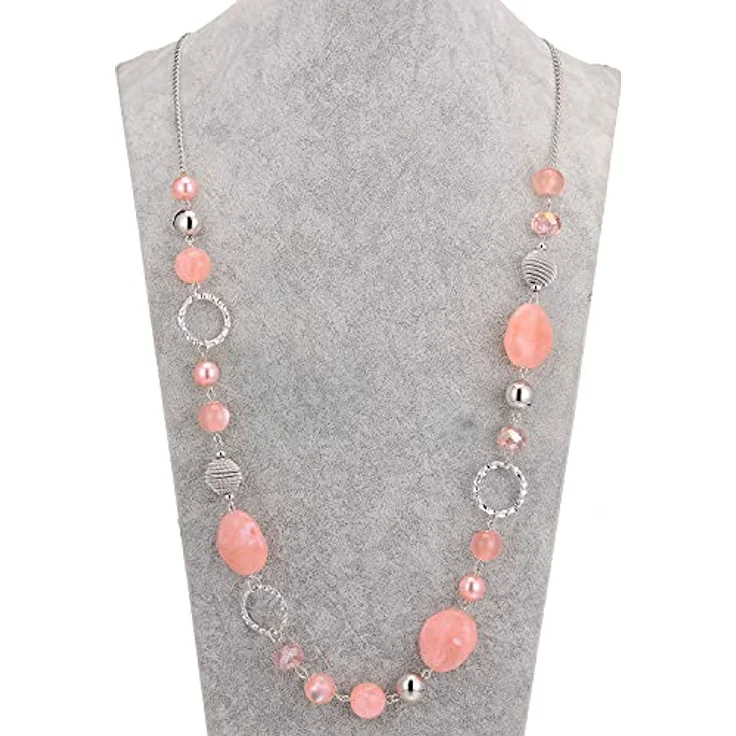 Bulinlin Lange Perlenkette für Damen, Statement Boho Silber Metall mit 35 Zoll + 3 Zoll Verlängerung in Pink, Modeschmuck für Hochzeitstag und Geschenke – Bild 4