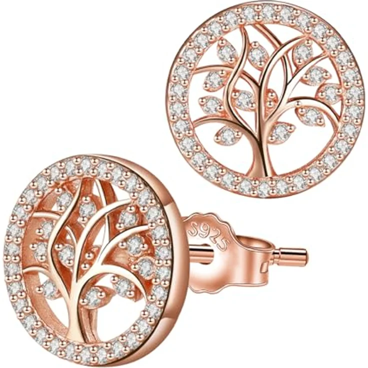 Micory Lebensbaum Ohrringe Rosegold Ohrstecker 925 Sterling Silber, Durchmesser 11mm mit Geschenkbox – Bild 1