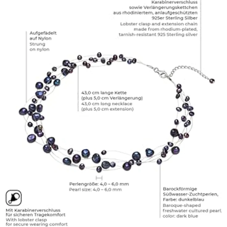 Valero Pearls Damen-Kette Süßwasser-Zuchtperlen Barock blau, 4-6 mm, 925 Sterling Silber, 43 cm + 5 cm Verlängerung, mehrreihiges Design – Bild 2