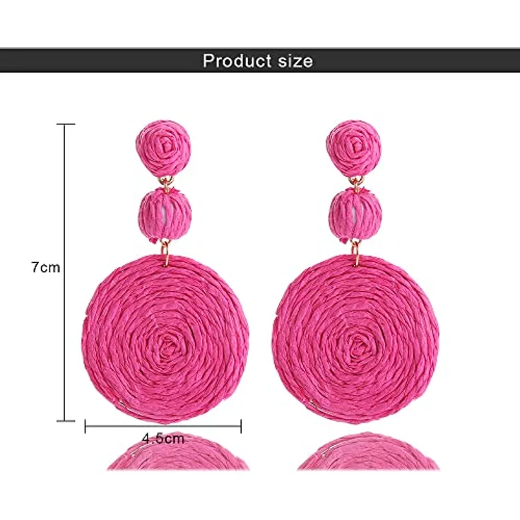 FDEETY Raffia Ohrringe für Frauen, Handgemachte Boho-Stil Creolen in Rosarot, Leichtgewichtige geometrische Tropfenohrringe aus natürlicher Rattanfaser – Bild 5