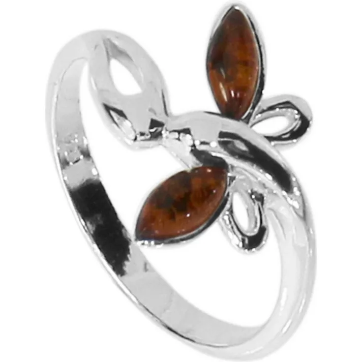 OSTSEE-SCHMUCK Fingerring Schmetterling, Bernsteinring aus Sterlingsilber 925/000 mit cognacfarbenen Bernsteinen