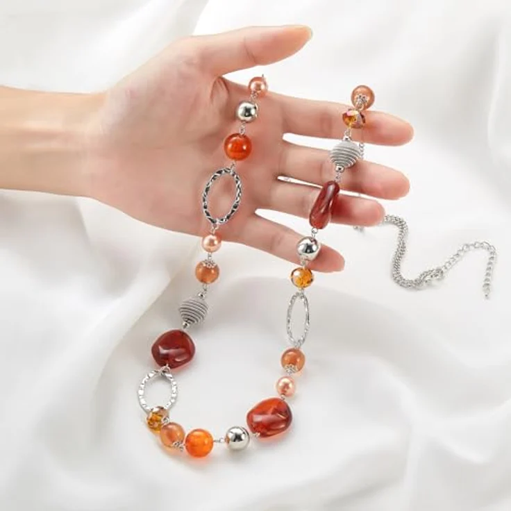 Bulinlin Silber Perplen Lang Kette für Damen, Boho Statement Chain Halskette aus Harz- und Metallperlen, 35+3 Zoll, in Rotbraun – Bild 5