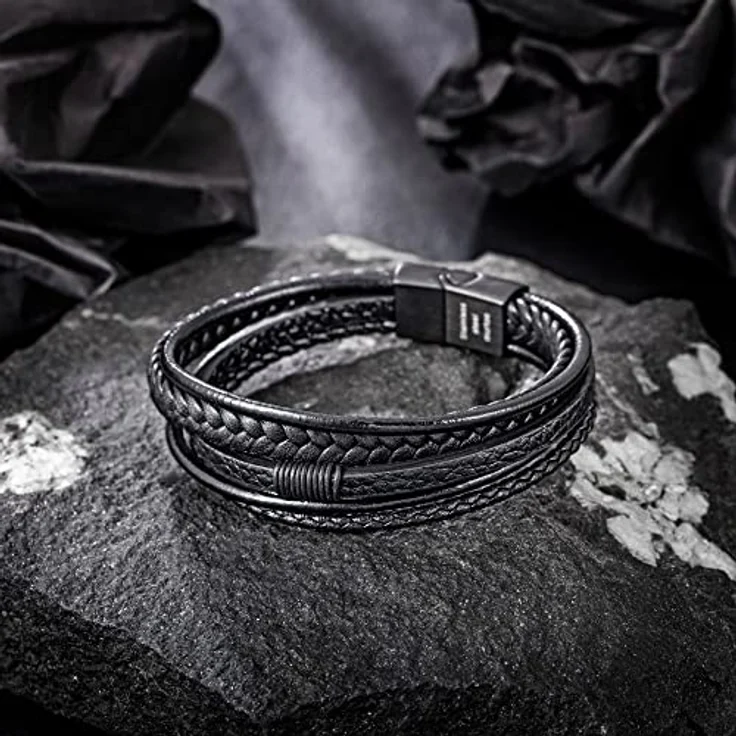 Speroto Lederarmband Herren, geflochtenes Armband aus Rindsleder und Edelstahl, schwarz, 23 cm – Bild 3