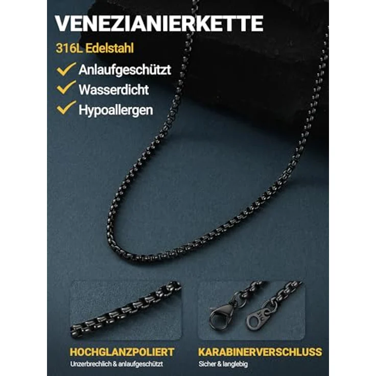 PROSTEEL Edelstahl Venezianerkette Schwarz, 3mm Breite, 46cm Länge, unisex Schmuck für Herren und Damen – Bild 2