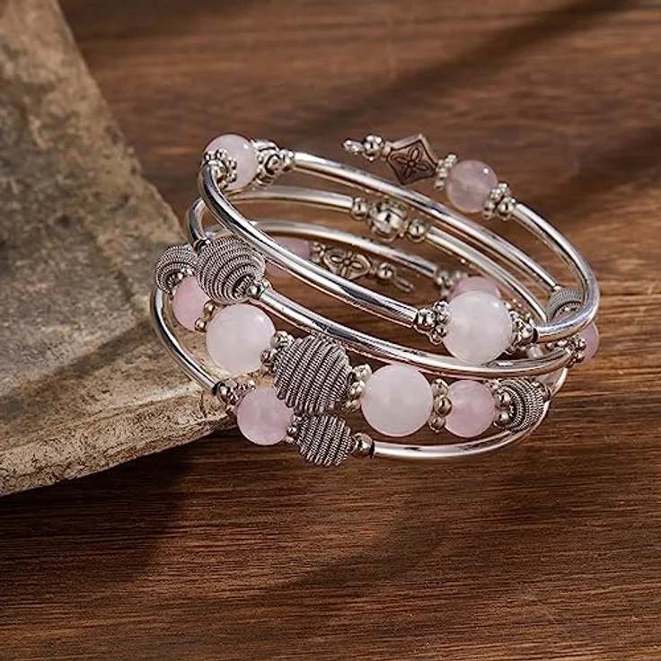 Bulinlin Silber Wickelarmband mit Naturstein Perlen, Boho Mehrschichtiges Damen Armband in Rosa Kristall, perfektes Geburtstags Modegeschenk – Bild 4