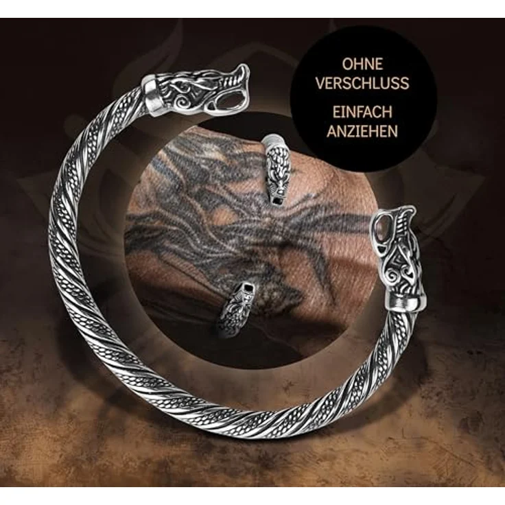VIKING CRAFT Fenrir Armband Herren, Edelstahl Armreif in Silber-Schwarz, Hochwertiger Wikinger Schmuck für LARP und Geschenke – Bild 5