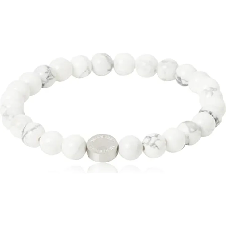 LIEBESKIND Berlin Howlite-Beadsarmband 6mm mit Edelstahl Logotag, flexibles Zugarmband, circa 18 cm lange, Damen-Schmuckstück