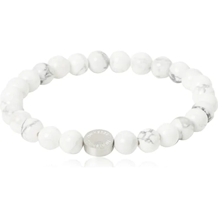 LIEBESKIND Berlin Howlite-Beadsarmband 6mm mit Edelstahl Logotag, flexibles Zugarmband, circa 18 cm lange, Damen-Schmuckstück – Bild 1