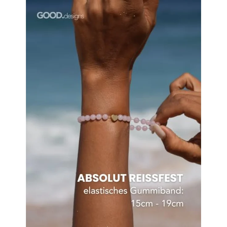 GD GOOD.designs Edelstein Rosenquarz Armband mit 18K vergoldetem Edelstahl Herz | Wasserfestes Perlenarmband Damen mit 6 mm Natursteinperlen | Elastisch 15–19 cm | Inkl. Schmuckbeutel – Bild 4