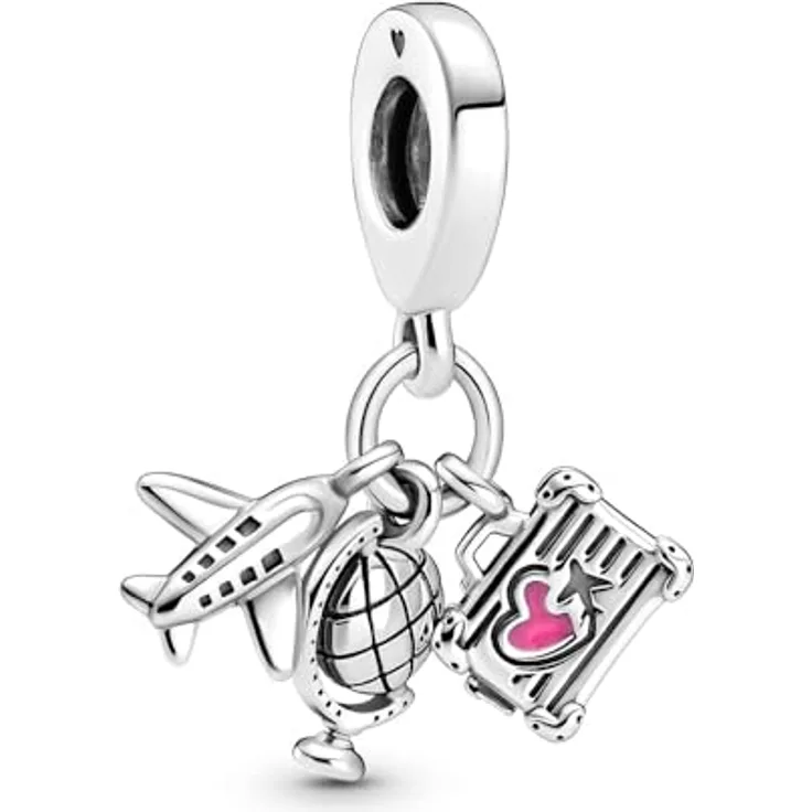 PANDORA Moments 799435C01, Charm-Anhänger Flugzeug, Globus und Koffer aus Sterling-Silber mit rosafarbener Emaille, 6x13,6x15 mm